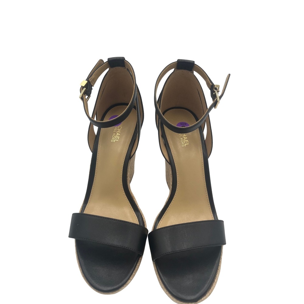 Michael Kors Kimberly Wedge Sandals Black Leather Jute Espadrille 8M 9UP8R5